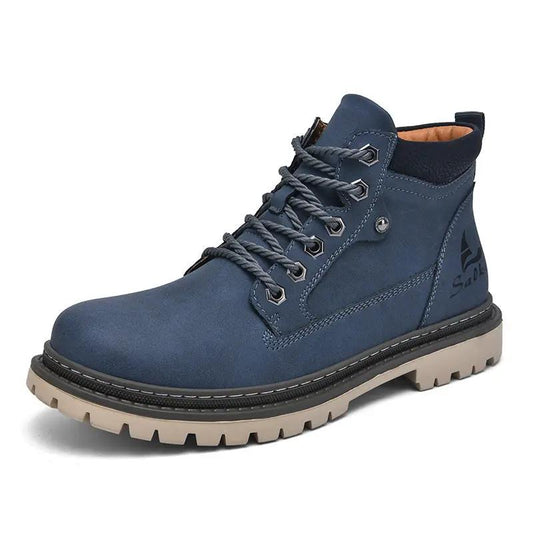 Lancaster Boots men's mid-top premium leather worker boot in blue with beige sole