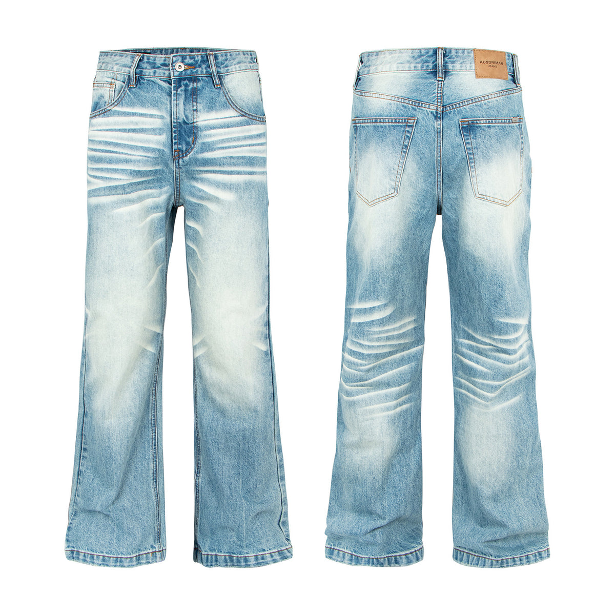 Jeans by eprolo, washed distressed light-blue cat-eye bamboo texture, flared fit, front and back views
