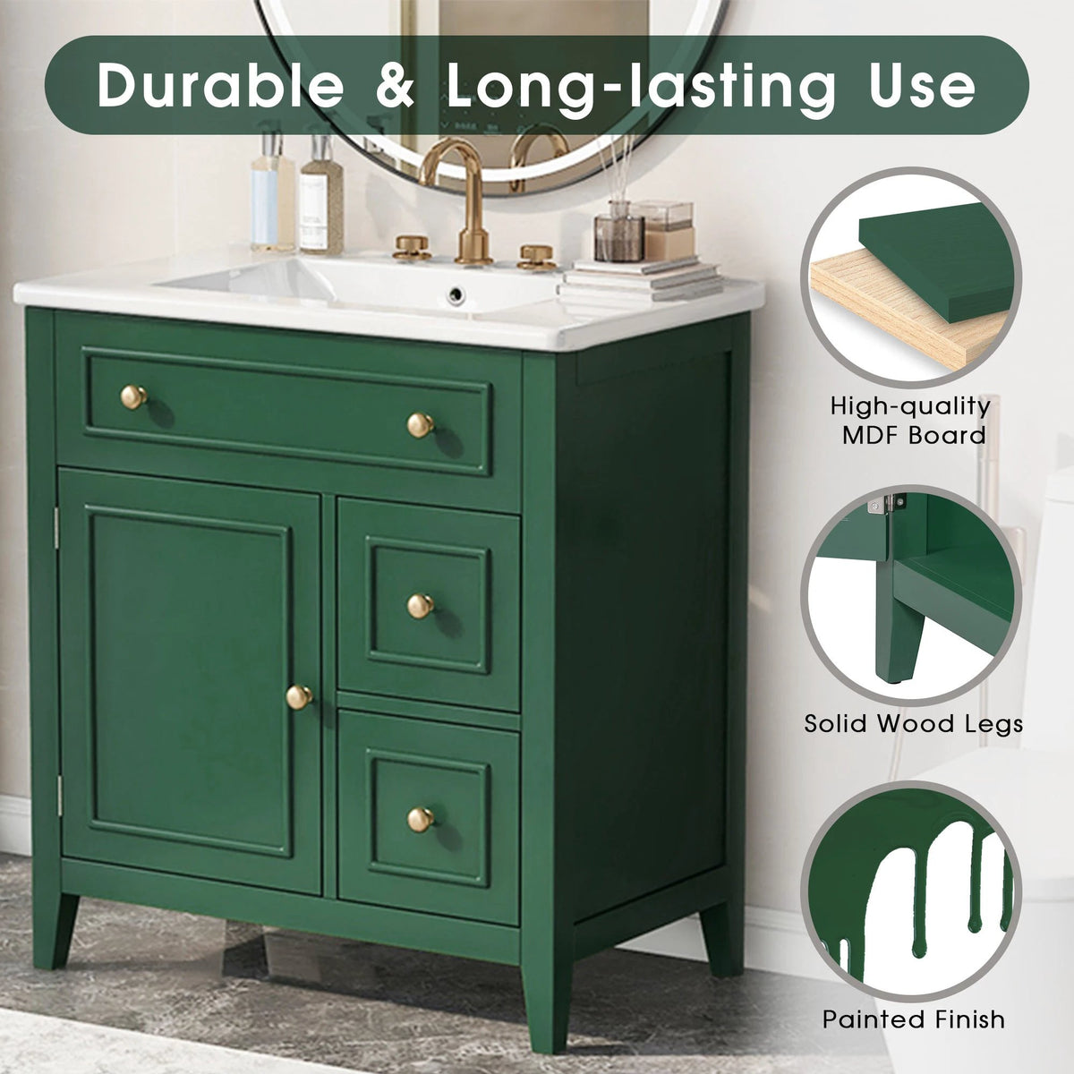 30" Bathroom Vanity with Sink Top, Bathroom Vanity Cabinet with Door and Two Drawers, Solid Wood Frame, One Package, Green by eprolo