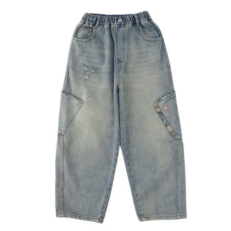 Boys casual denim jeans, light-wash with cargo pockets and loose straight-leg fit