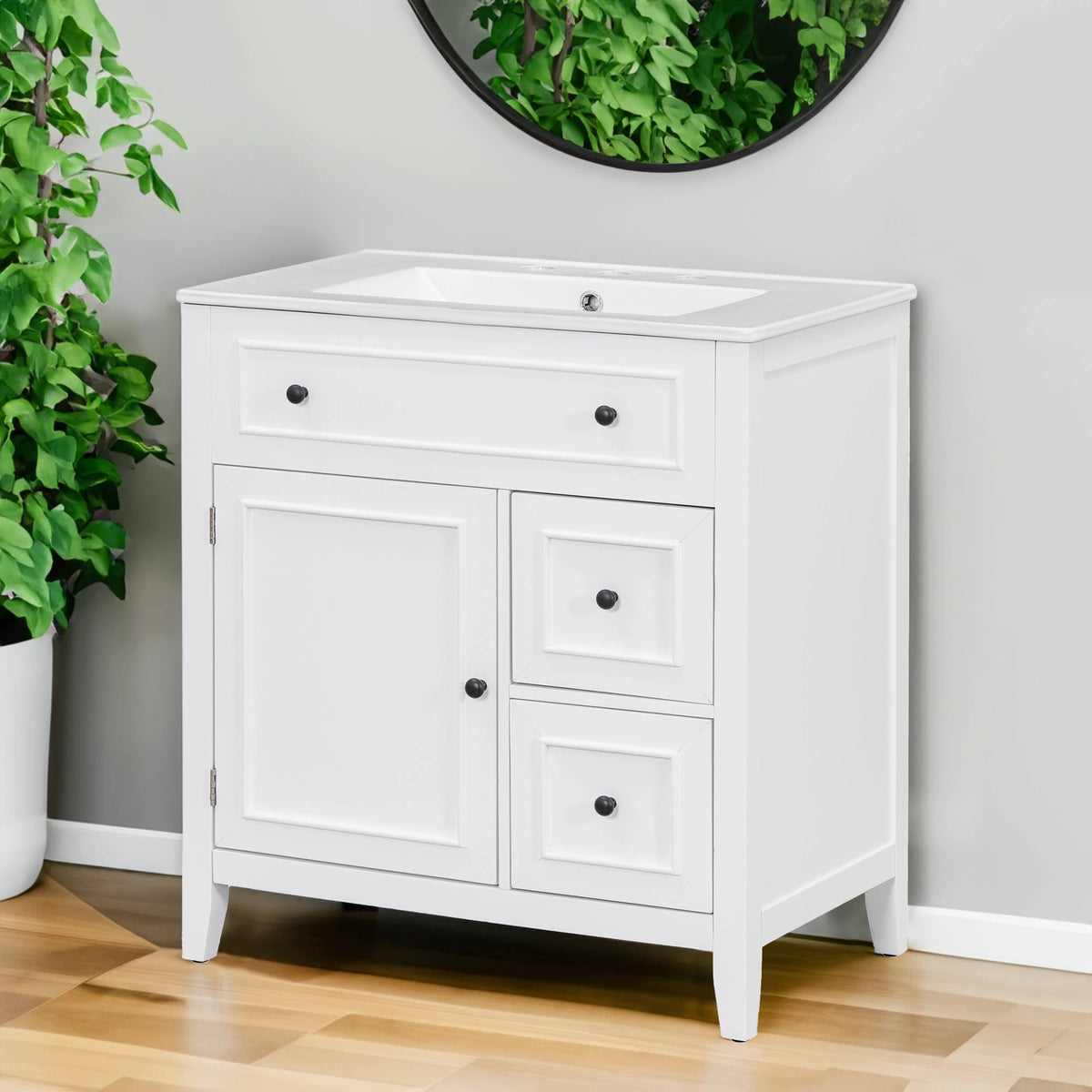 30" Bathroom Vanity with Sink Top, Bathroom Vanity Cabinet with Door and Two Drawers, Solid Wood Frame, One Package, White by eprolo