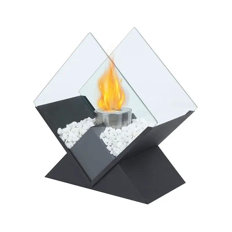 14.5-Inch Portable Fireplace by JHY DESIGN, black metal base with glass panels and stones, ventless bio-ethanol flame