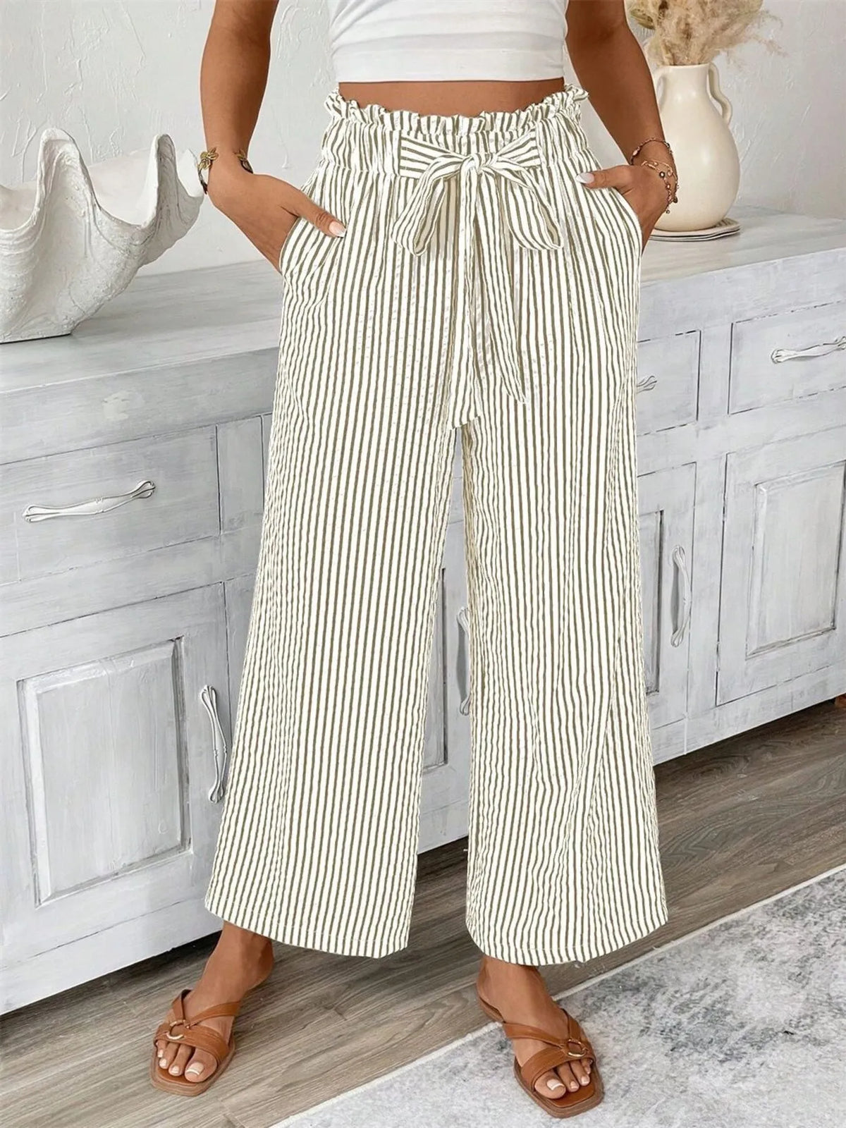 Trendsi plus-size striped wide-leg paper bag Palazzo pants with pockets and tie belt