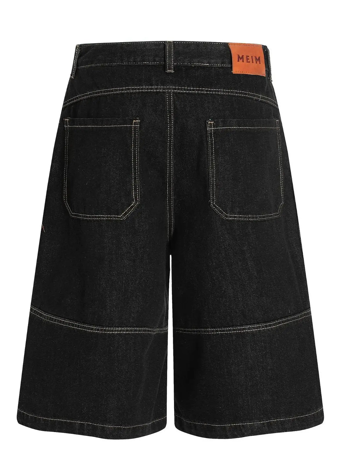 Mens wide-leg black cotton denim shorts with breathable contrast stitching, two back pockets, MEIM patch