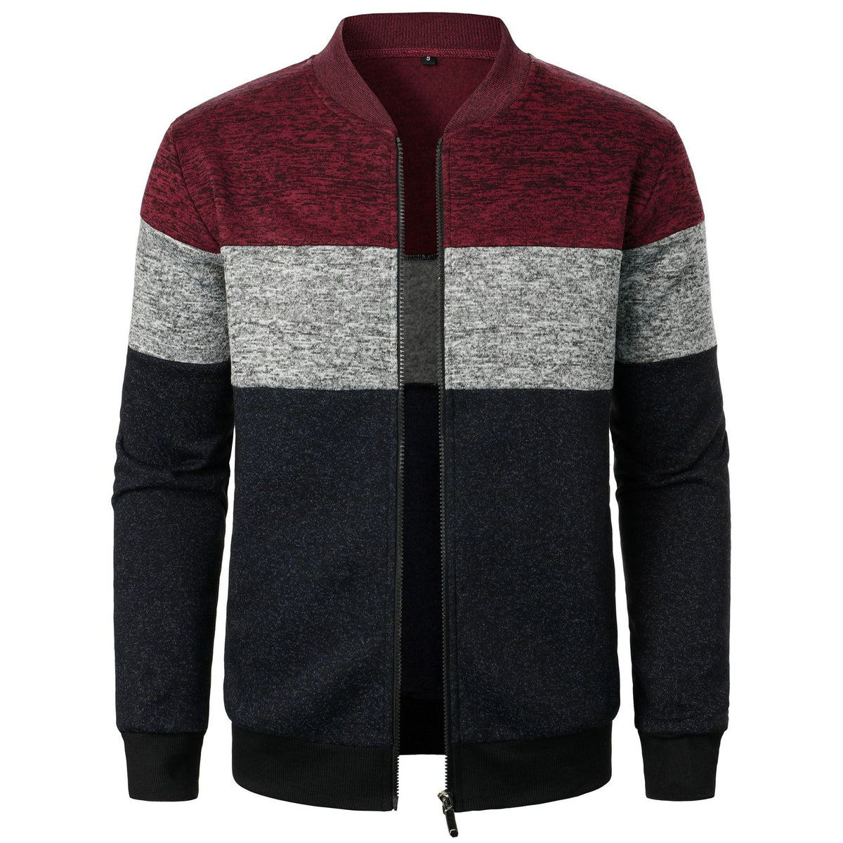 Men's heavyweight color-block knit sweater with front zipper; burgundy top, gray midsection, navy bottom.