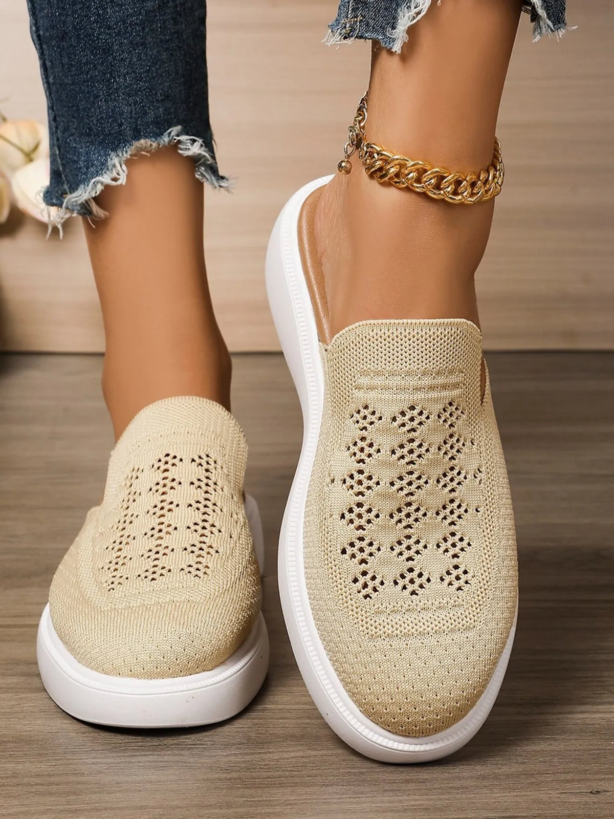 Mesh round-toe platform slip-ons in beige knit with white sole.