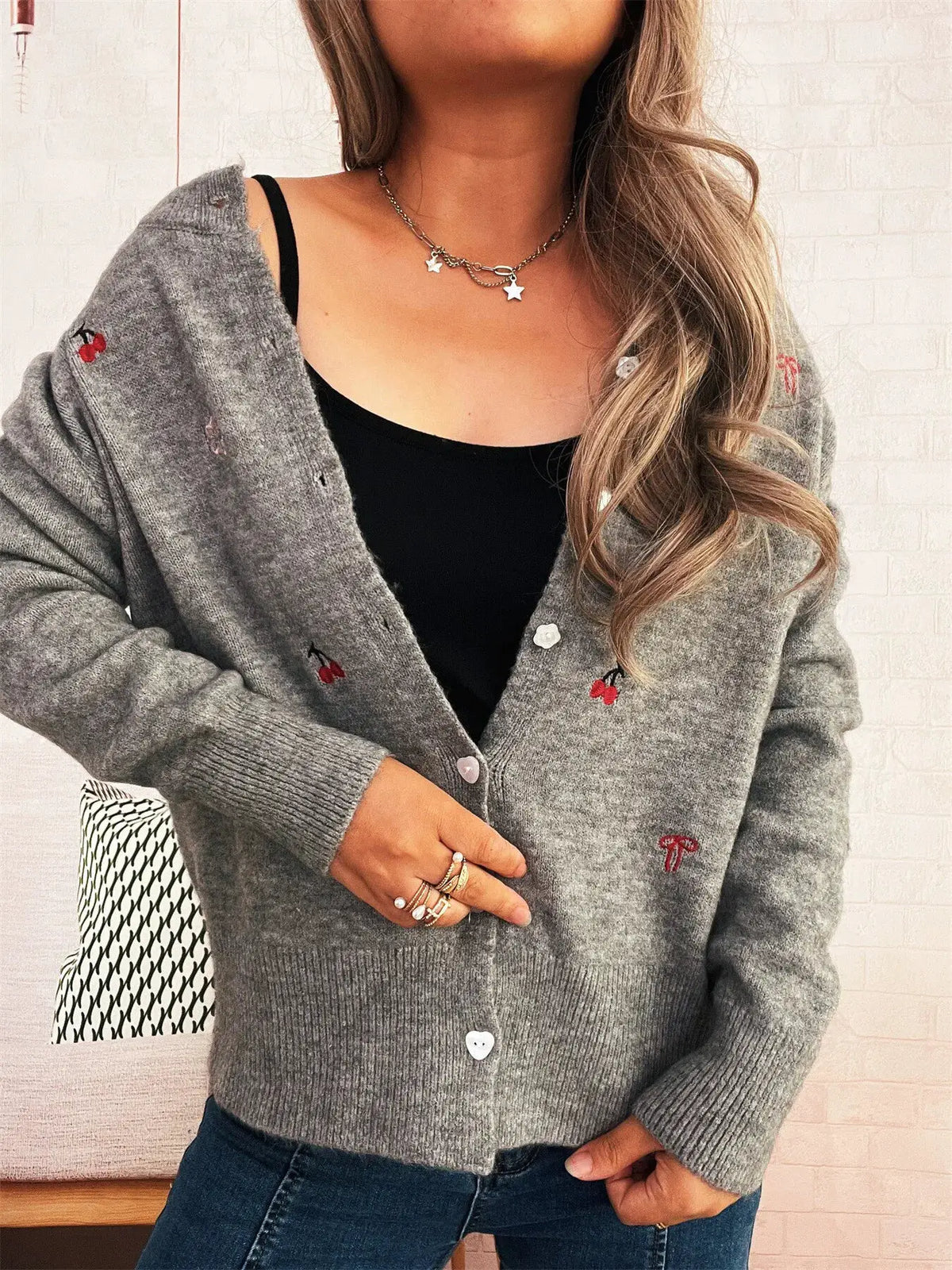 Ribbed button-front knit cardigan in grey with red cherry embroidery by Trendsi