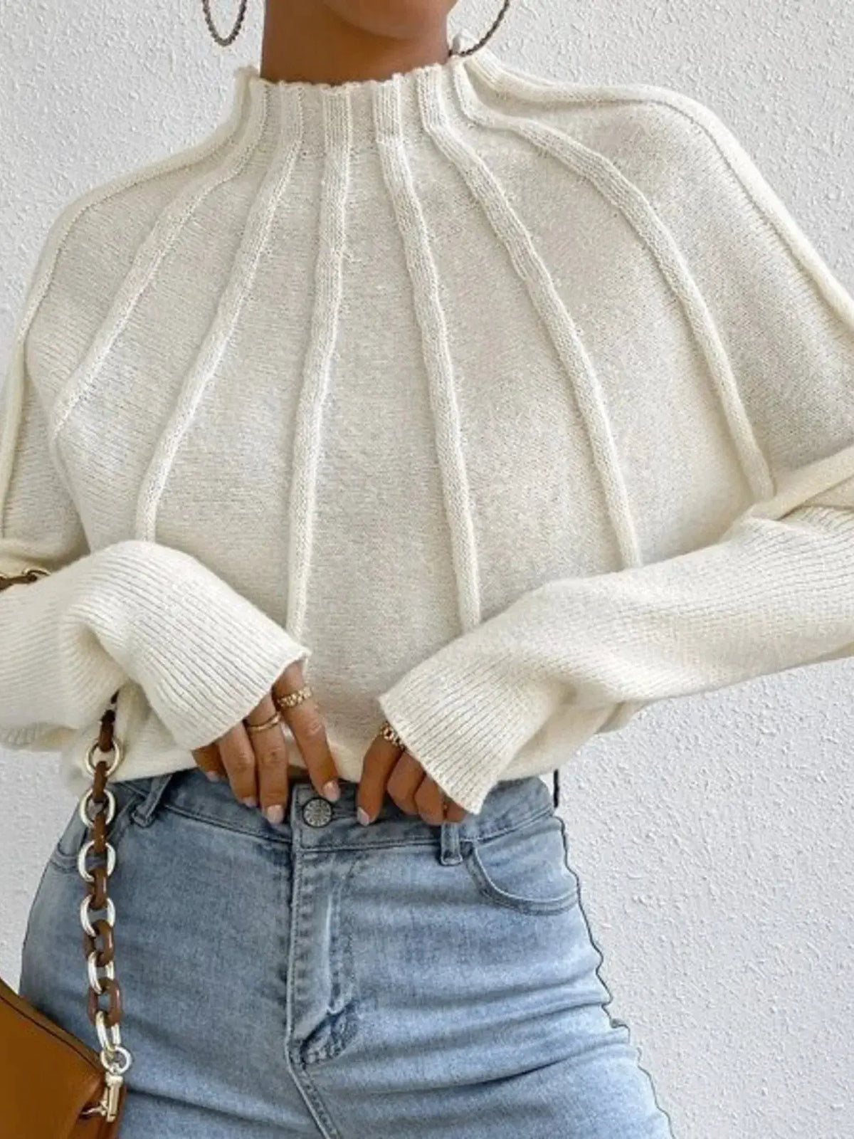 Soft ribbed mock-neck long-sleeve sweater in cream by Trendsi, stretchy knit top