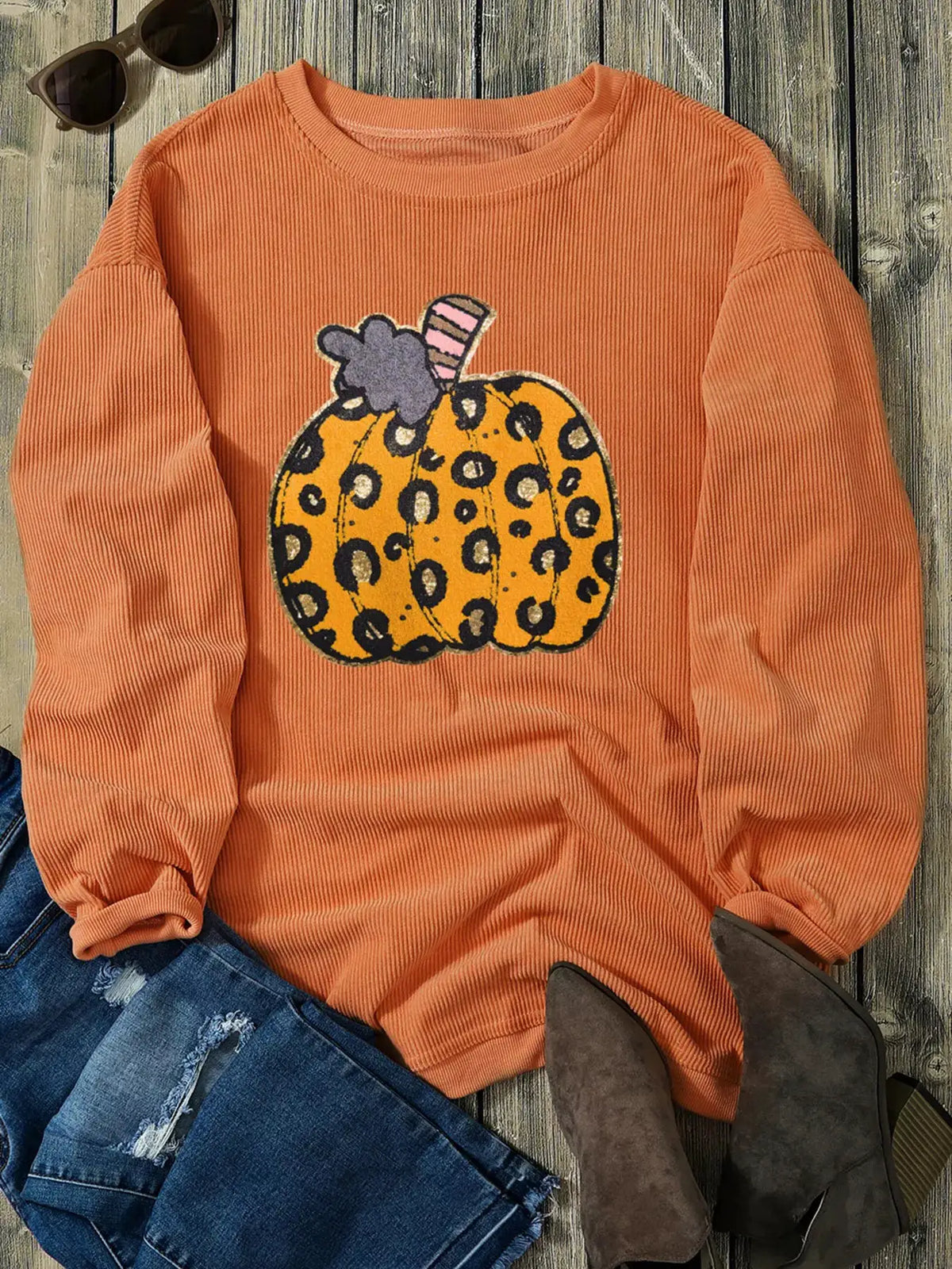 Halloween Leopard Pumpkin Patchwork Ribbed Sweatshirt in orange