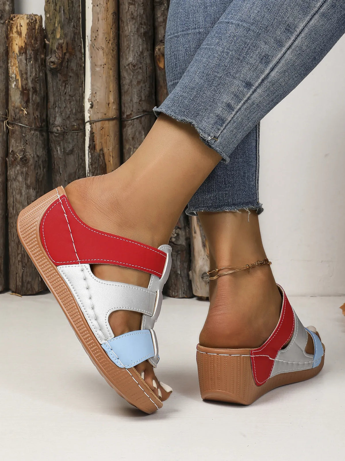 Shoes: Contrast Cutout Open Toe Sandals with red, white, light-blue color-block straps and tan wedge sole