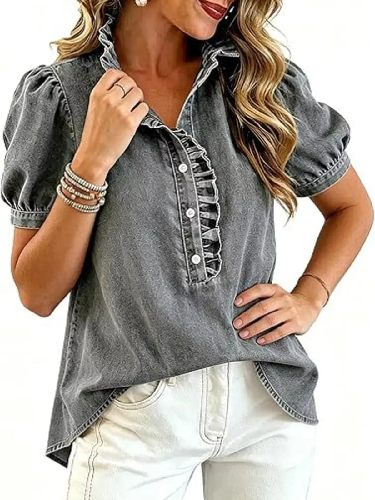 Trendsi denim top with frill puff sleeves and front button closure in dark grey