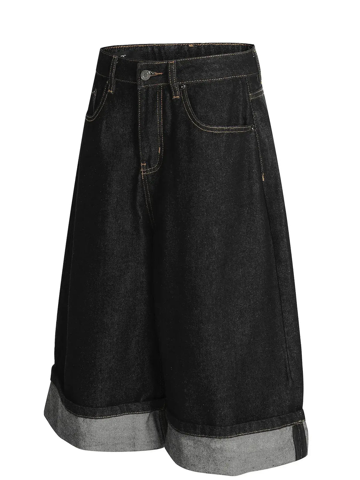 Men's relaxed baggy denim shorts with cuffed hem in black denim, by Trendsi
