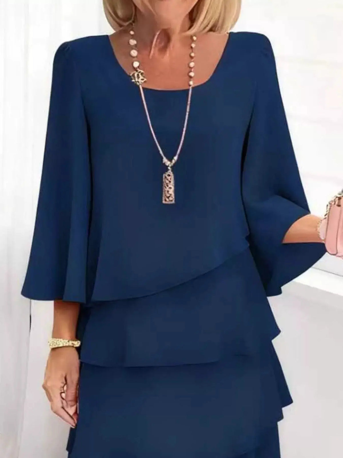 Ruffled layered dress, plus-size, navy blue, 3/4 sleeves