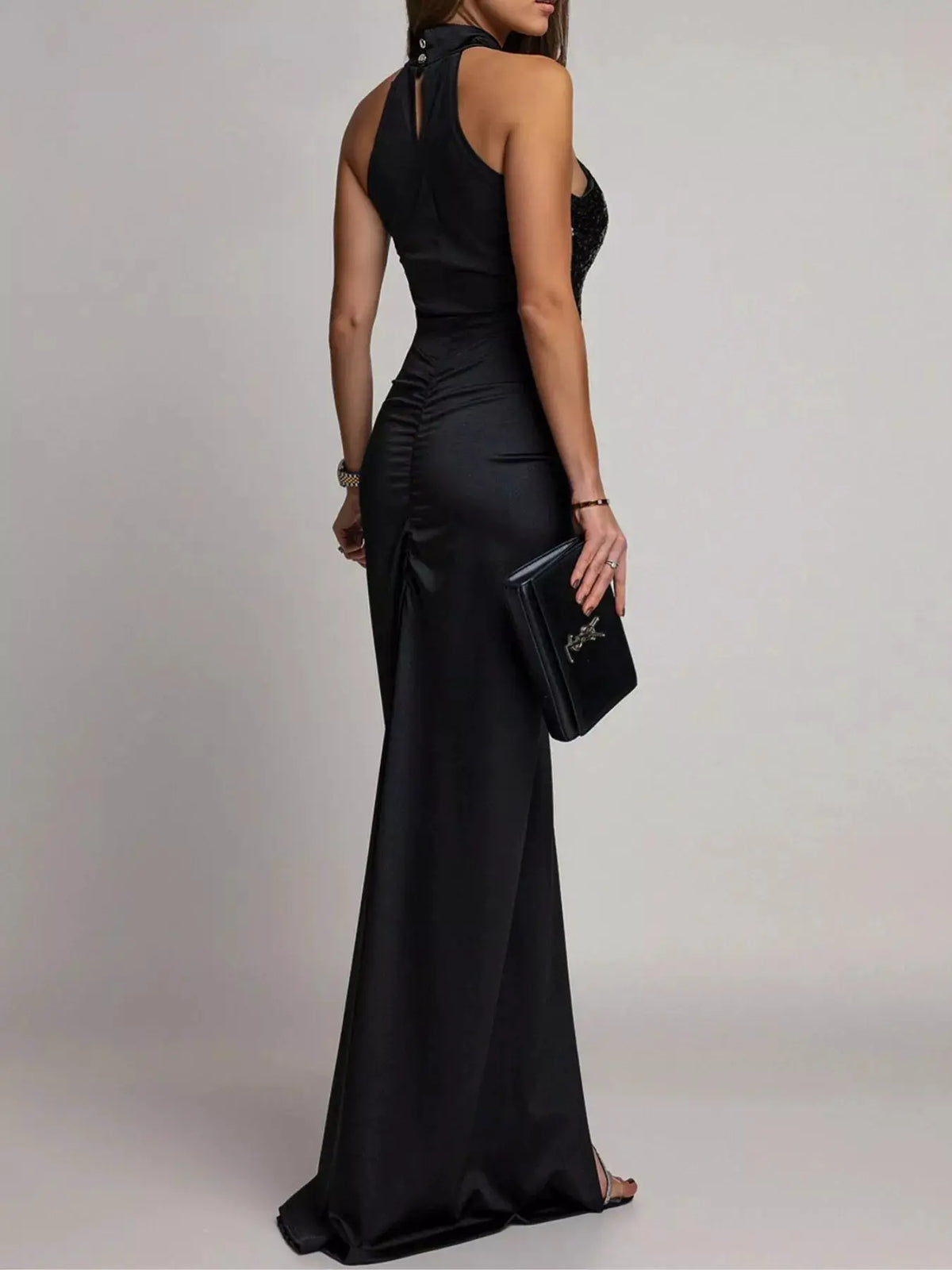 Sequin high-slit sleeveless maxi dress in black by Trendsi
