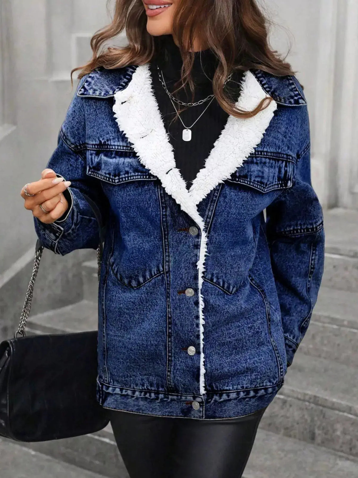 Womens sherpa-lined denim jacket with white faux shearling trim, blue denim, button-up