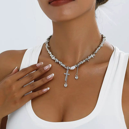 Chunky Chain Cross Pendant Necklace in silver-tone with cross pendant and two small heart charms