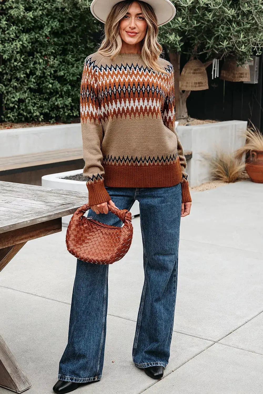 Geometric Pattern Long Sleeve Sweater in tan and rust with navy accents