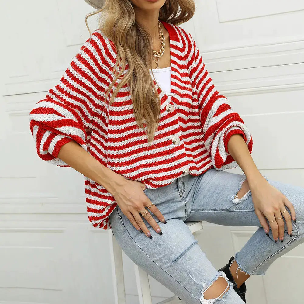 Premium Striped Button Front Long Sleeve Cardigan in red and white, soft stretch knit