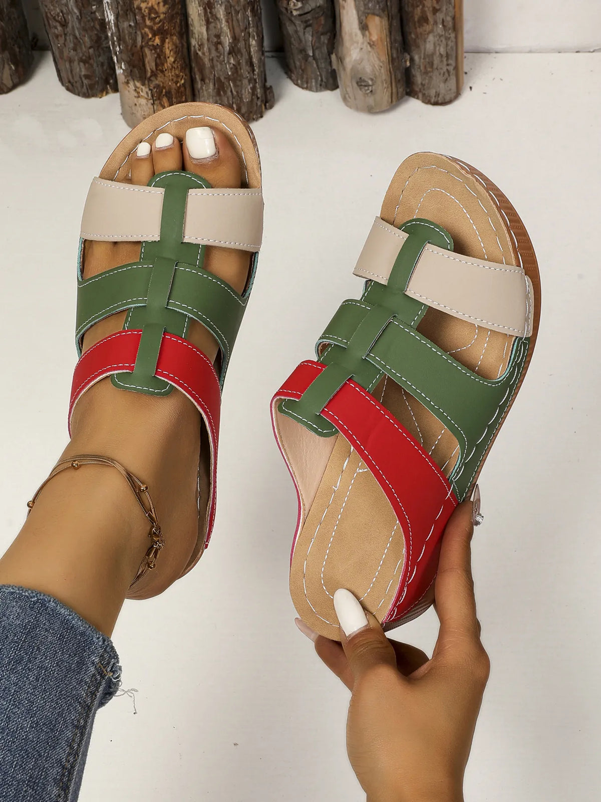 Contrast Cutout Open Toe Sandals by Trendsi; green, beige, and red color-block straps