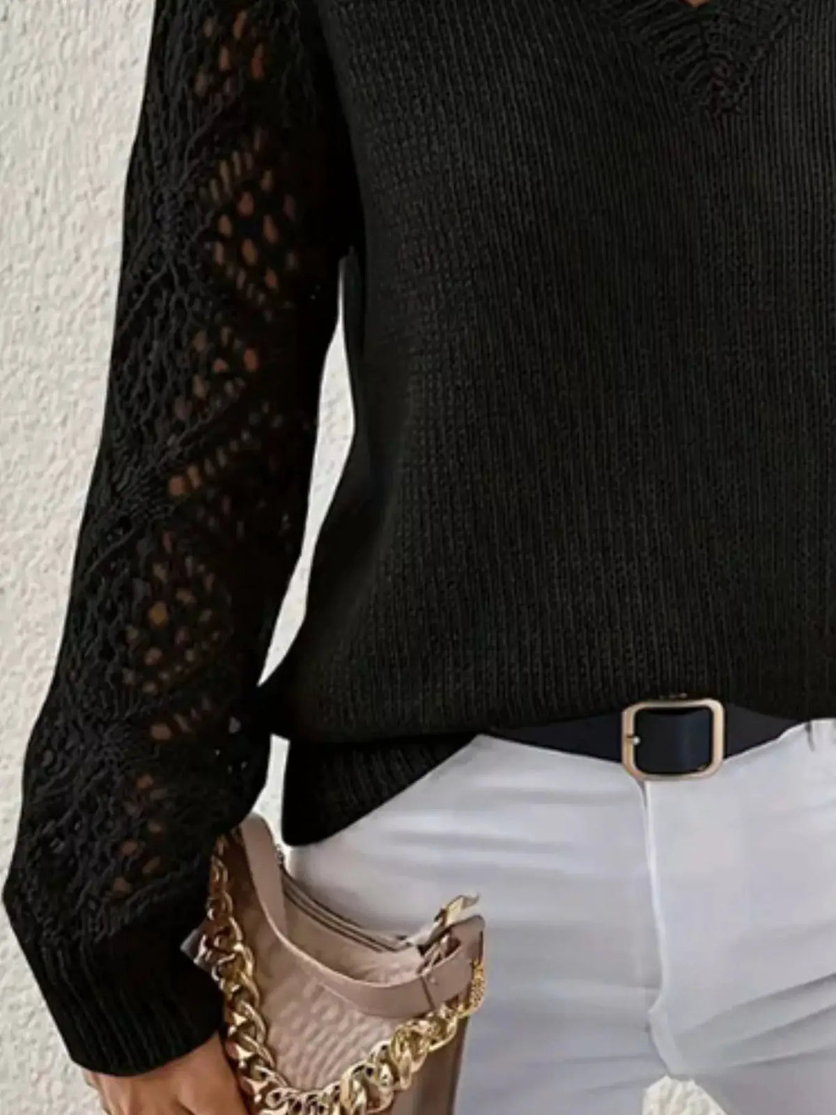 Womens black V-neck hollow-out sleeve knit sweater, soft polyester, Trendsi