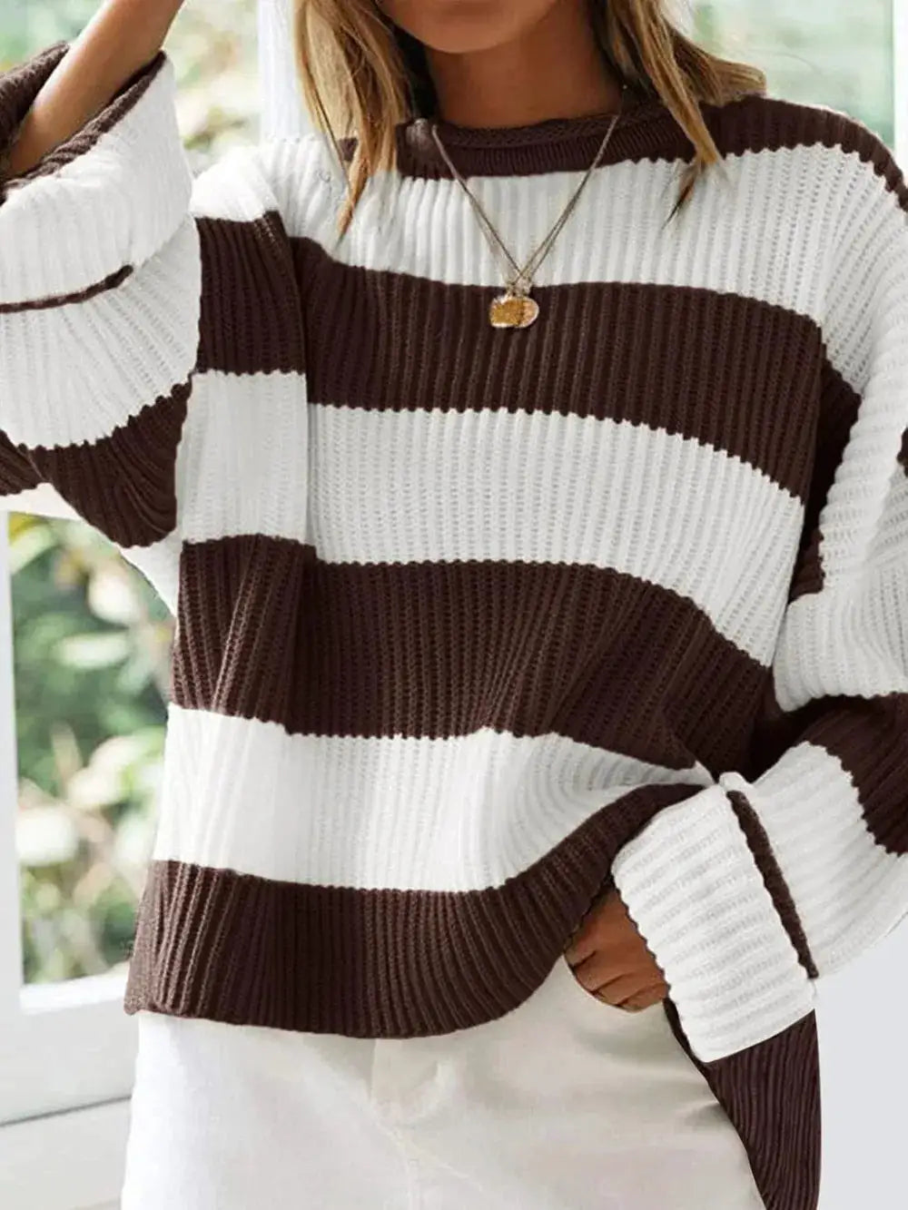 Essential Round Neck Long Sleeve Soft Stretch Sweater in brown and white striped knit