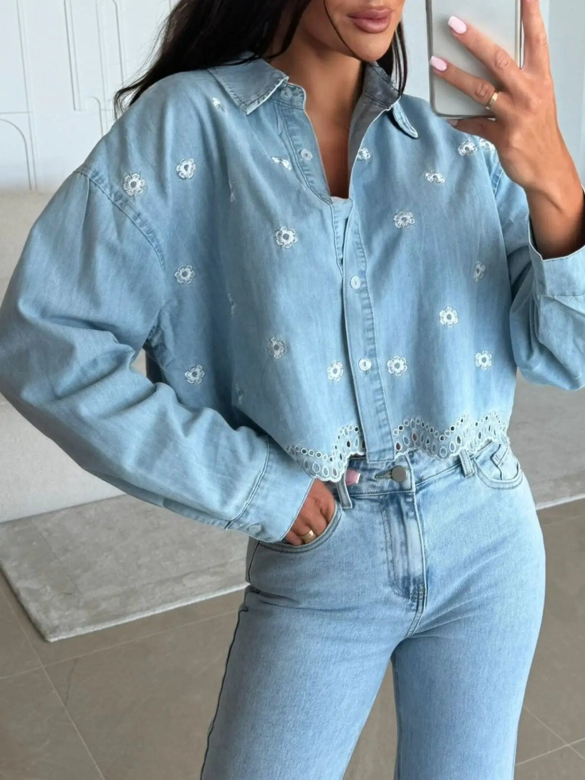 Trendsi embroidered cropped denim shirt in light blue with white floral embroidery and scalloped hem