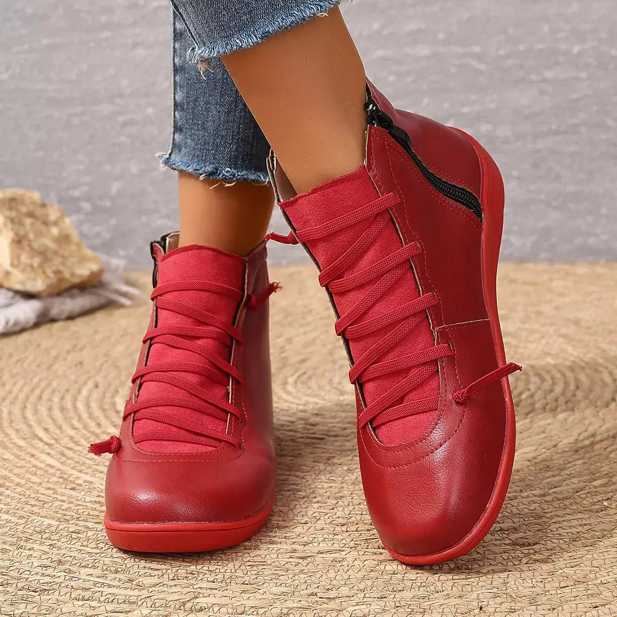 Lace-Up Faux Leather Ankle Boots in red with crisscross laces
