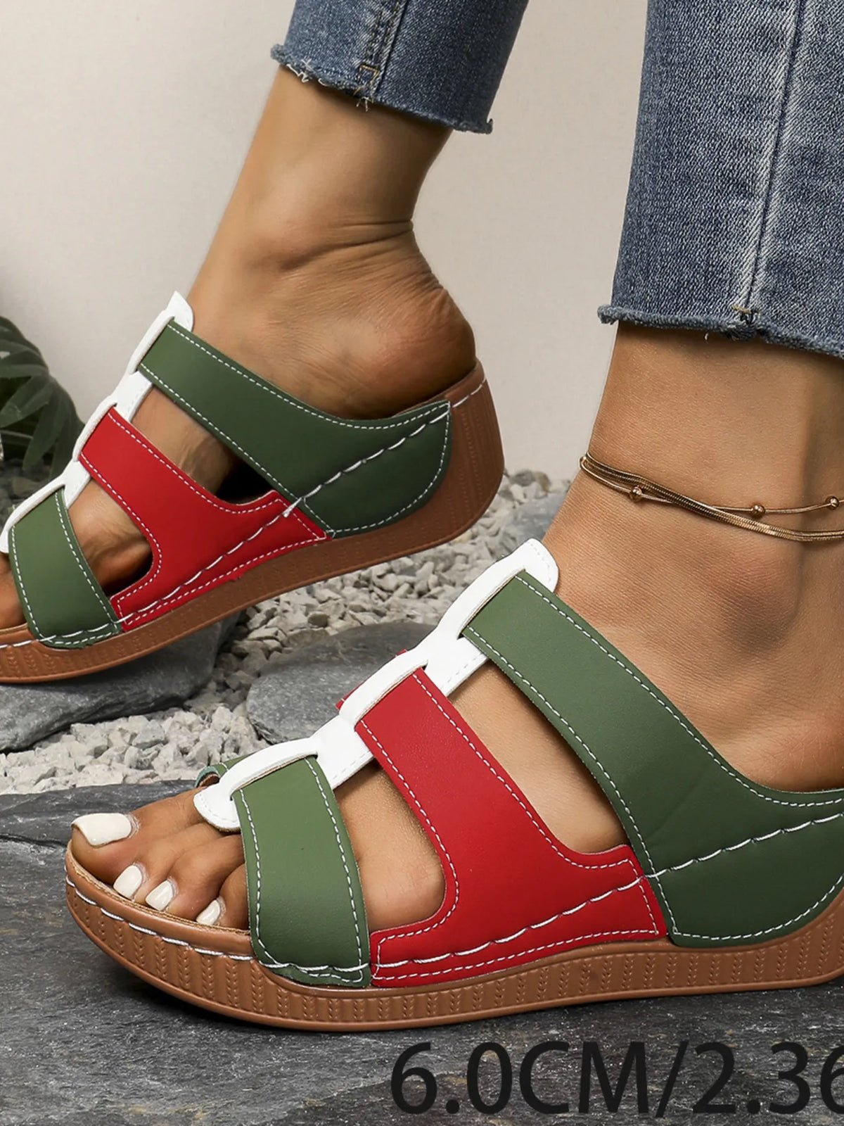 Contrast Cutout Open Toe Sandals with green and red color-block straps, white stitching, brown sole