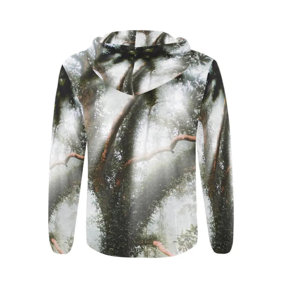 Men's all-over print full-zip hoodie by Inkedjoy with a forest woodland pattern.