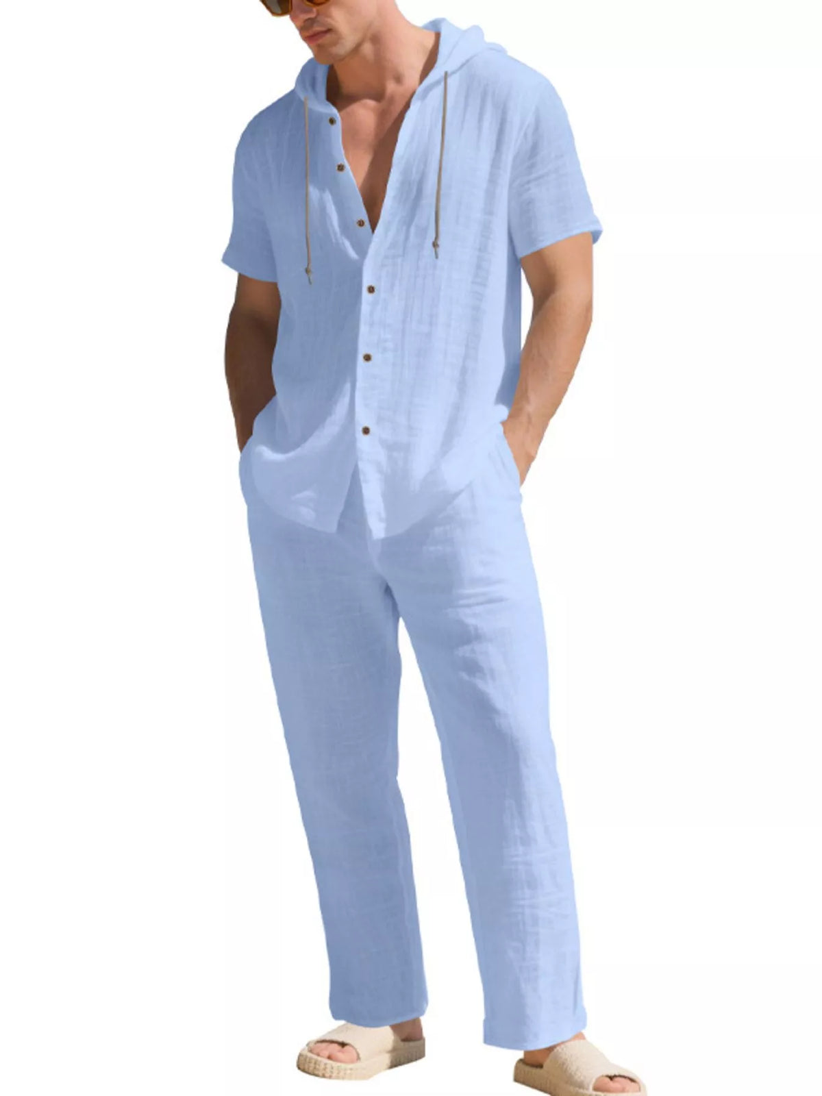 Mens breathable linen set in light blue, Trendsi hooded button-up top with drawstrings and matching pants