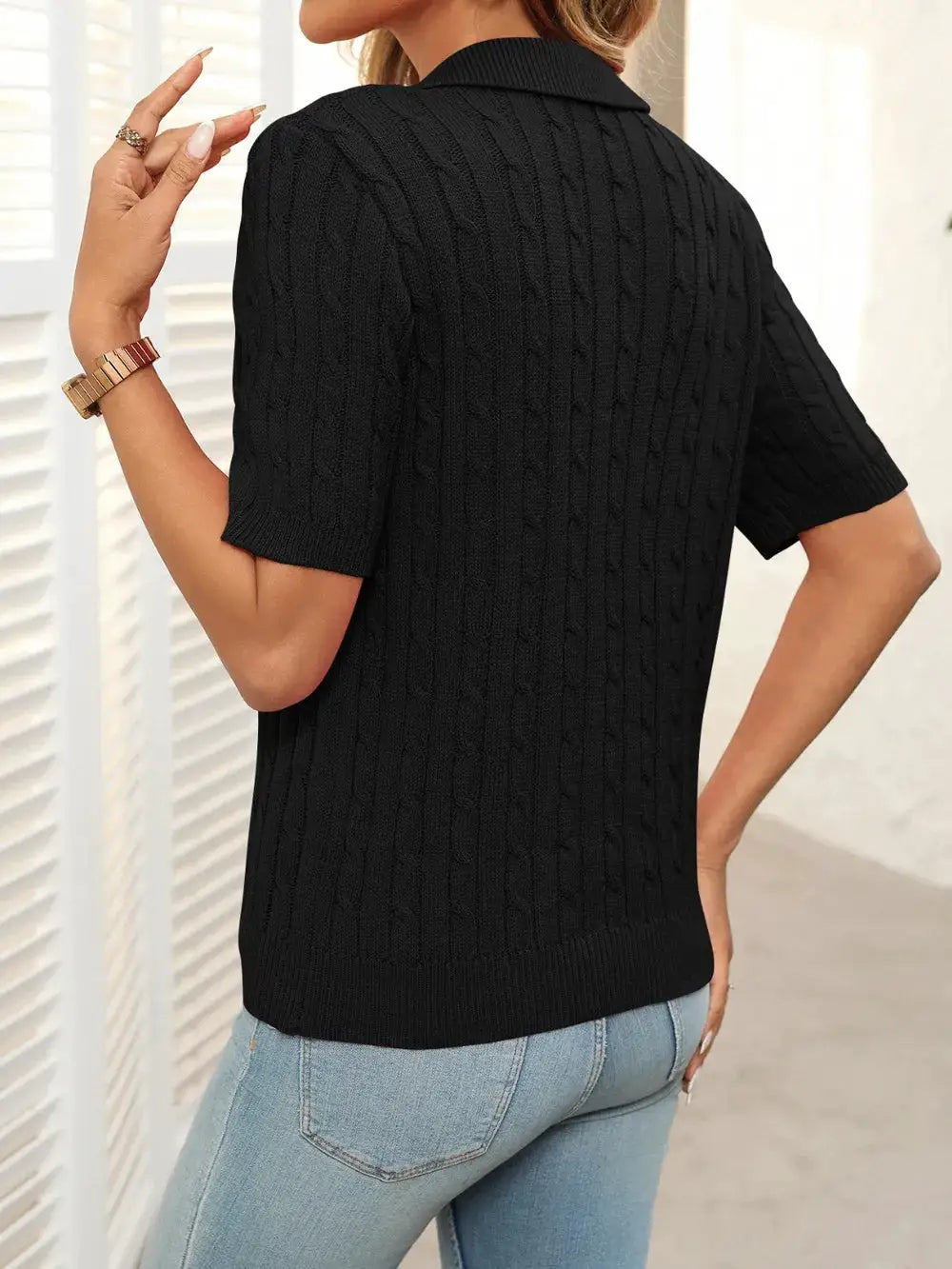 Soft cable-knit half-sleeve pullover top in black for women