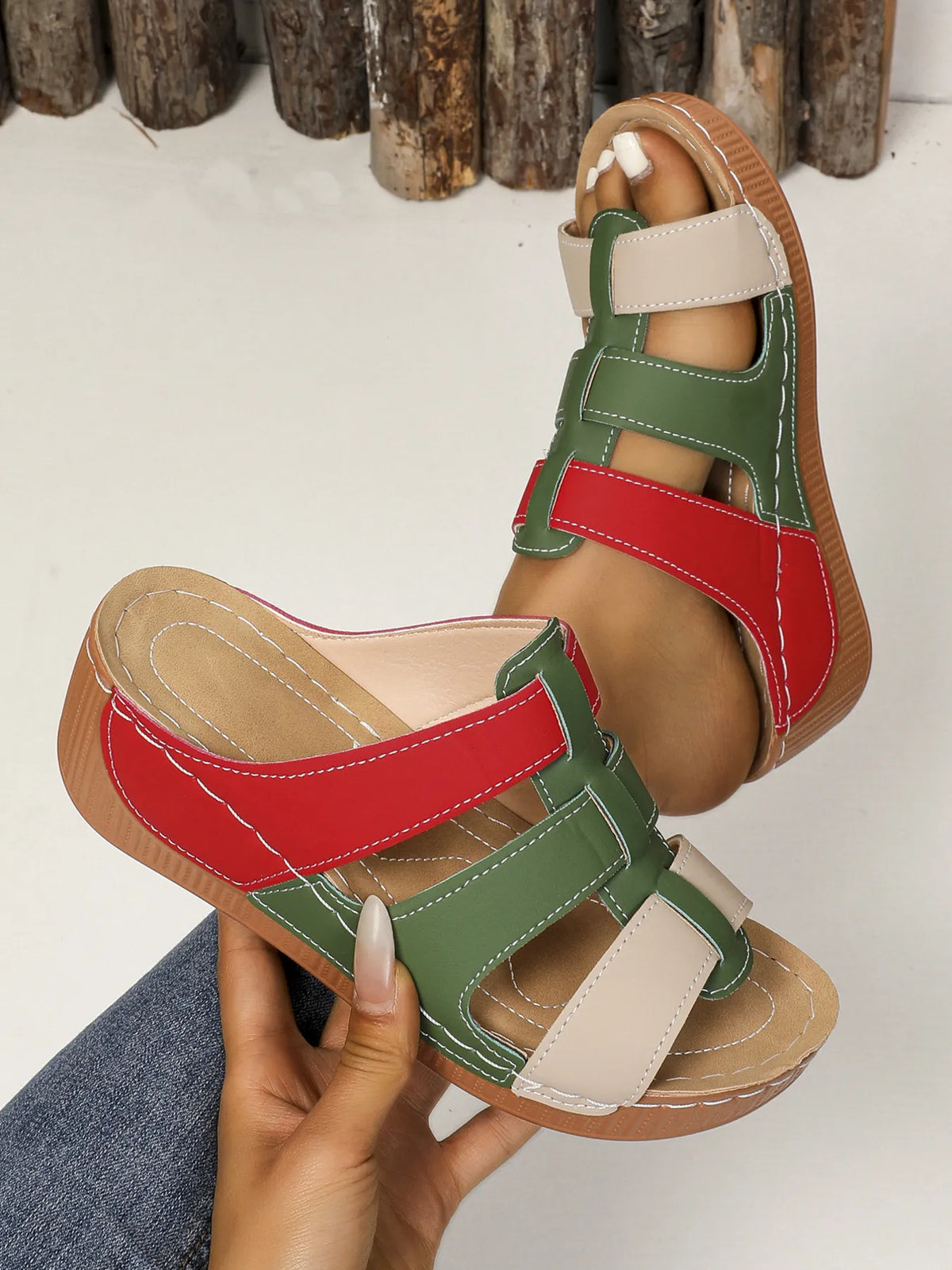 Contrast Cutout Open-Toe Sandals by Trendsi with red, green, and beige color-block straps