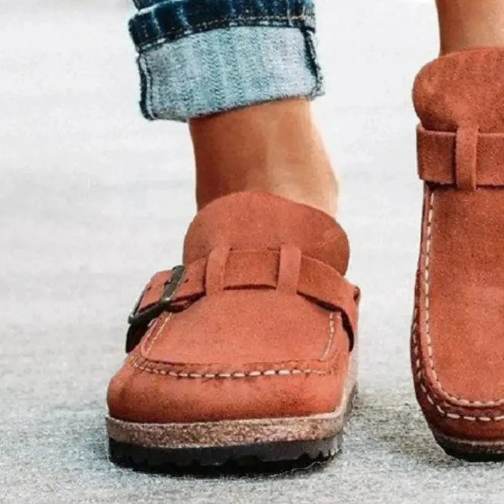 Round Toe Low Heel Buckle Loafers in burnt orange suede, 2 shown with white stitching and metal buckles