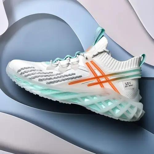 Men's running shoe, white breathable upper with orange side stripes and mint-green lattice sole