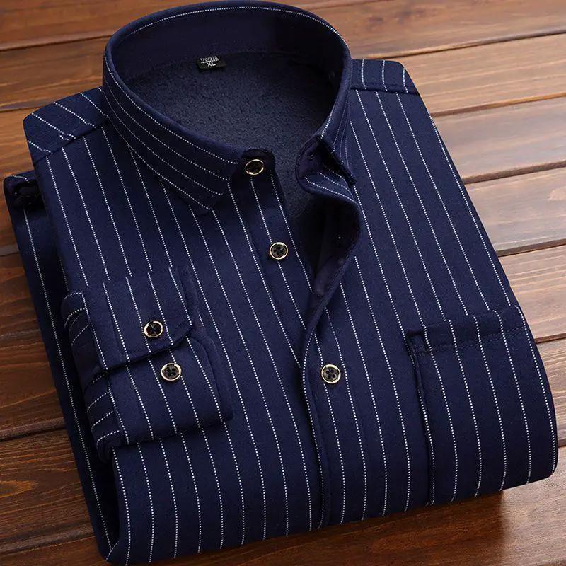 Mens fleece-lined navy pinstripe flannel shirt by AdTec, casual outerwear