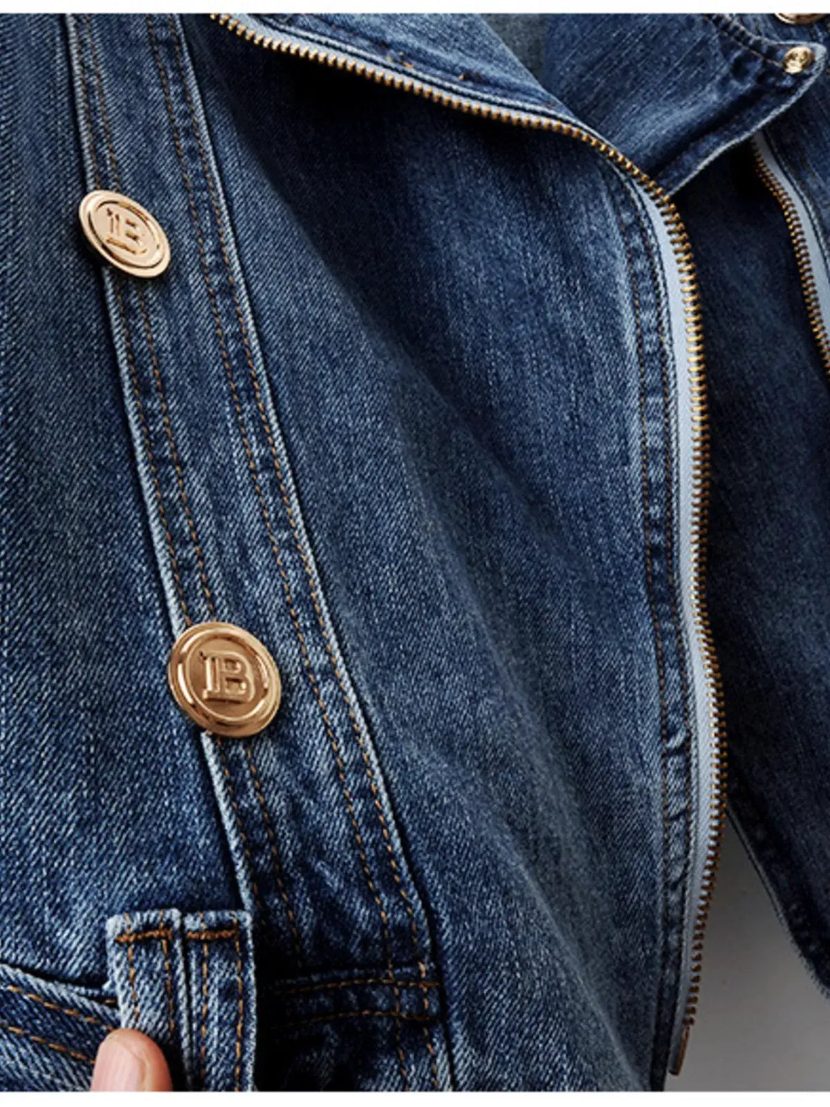 Denim jacket by Trendsi, asymmetrical zip-front belted design with gold-tone buttons.