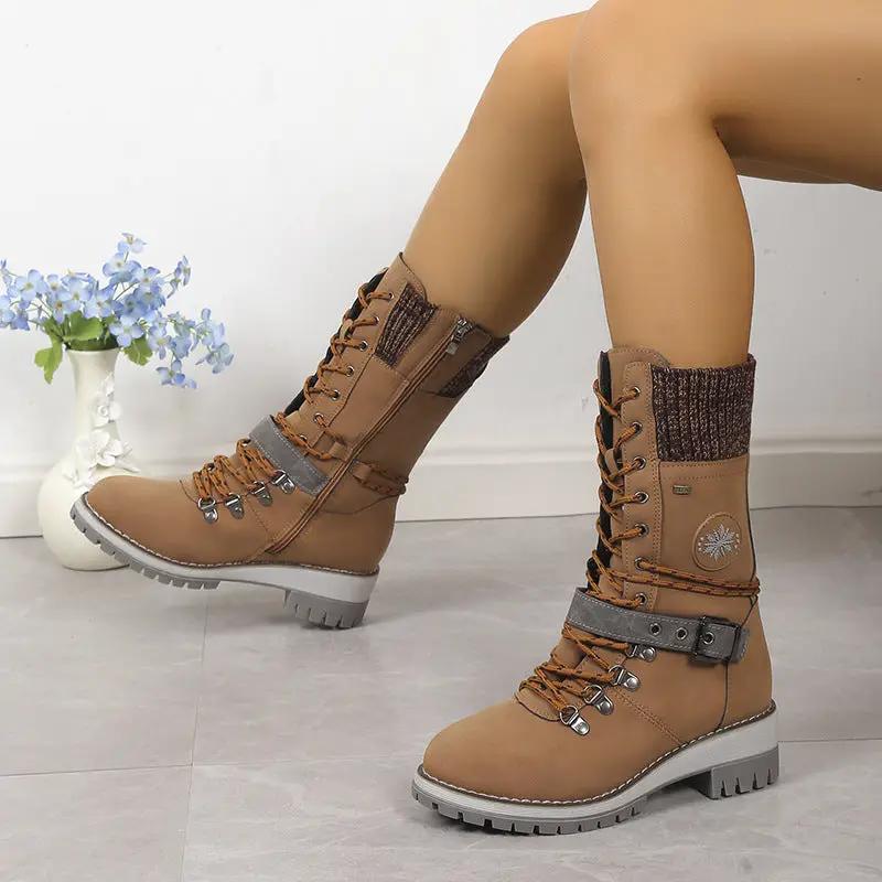 Fur Integrated Women's knee-high snow boots by AdTec in tan brown with knit cuff and lug sole
