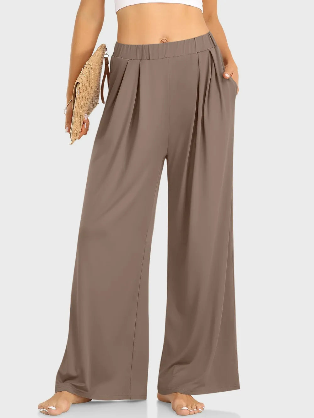 Elastic Waist Wide Leg Palazzo Pants by Trendsi in taupe