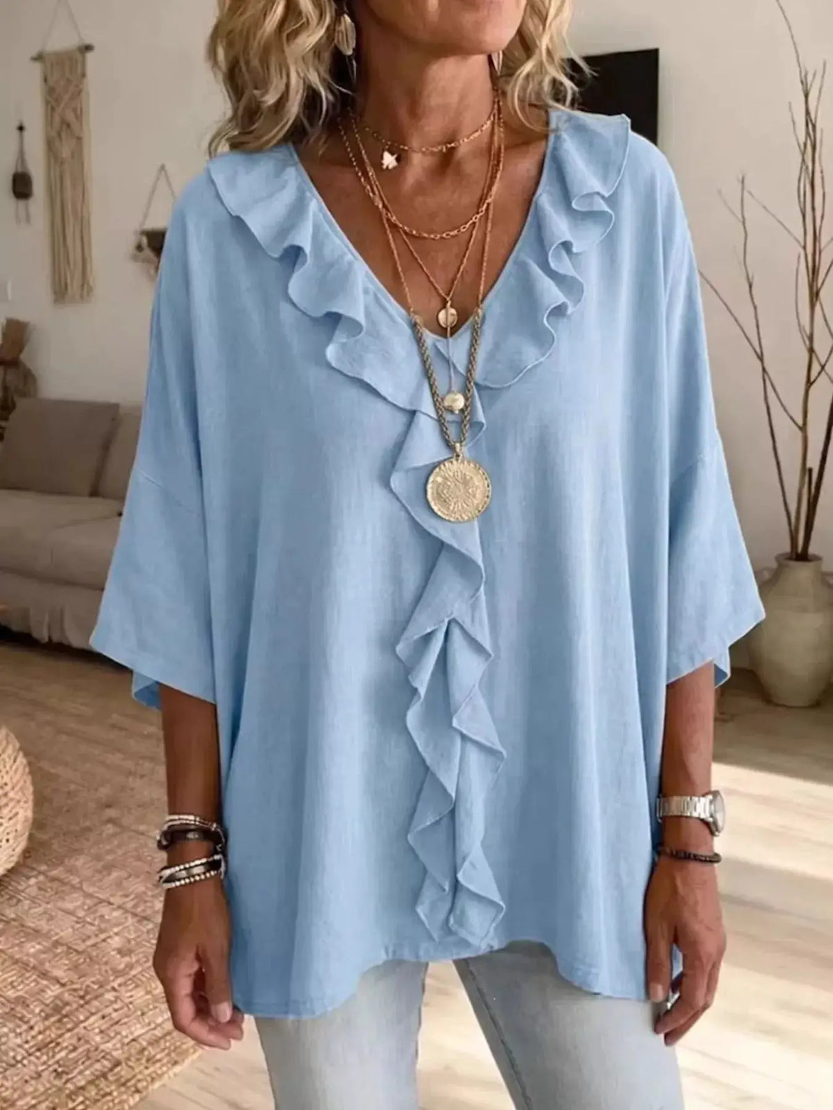 Full Size Ruffle V-Neck 3/4 Sleeve Blouse Plus Size in light blue by Trendsi