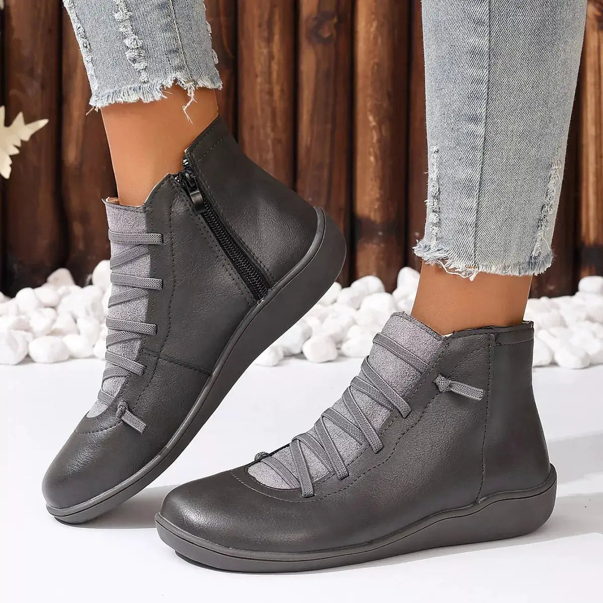 Lace-Up Faux Leather Ankle Boots, gray with side zipper
