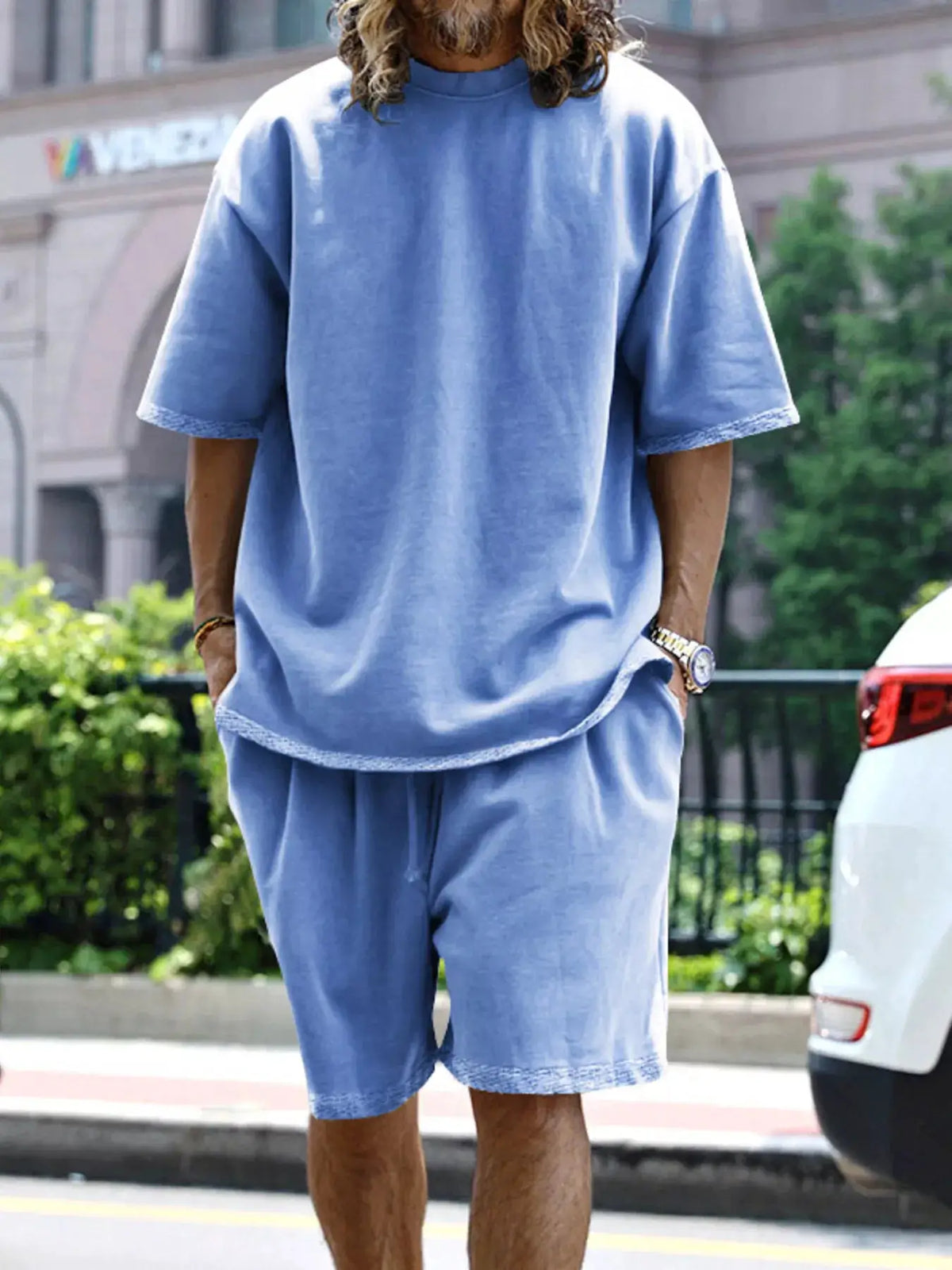 Men's light blue relaxed-fit T-shirt and shorts set with pockets, by Trendsi