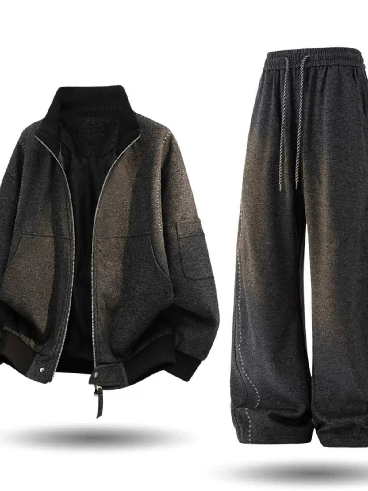 Men's plus-size thick warm tracksuit set with drawstring pockets, zip-front jacket and matching heather gray joggers.