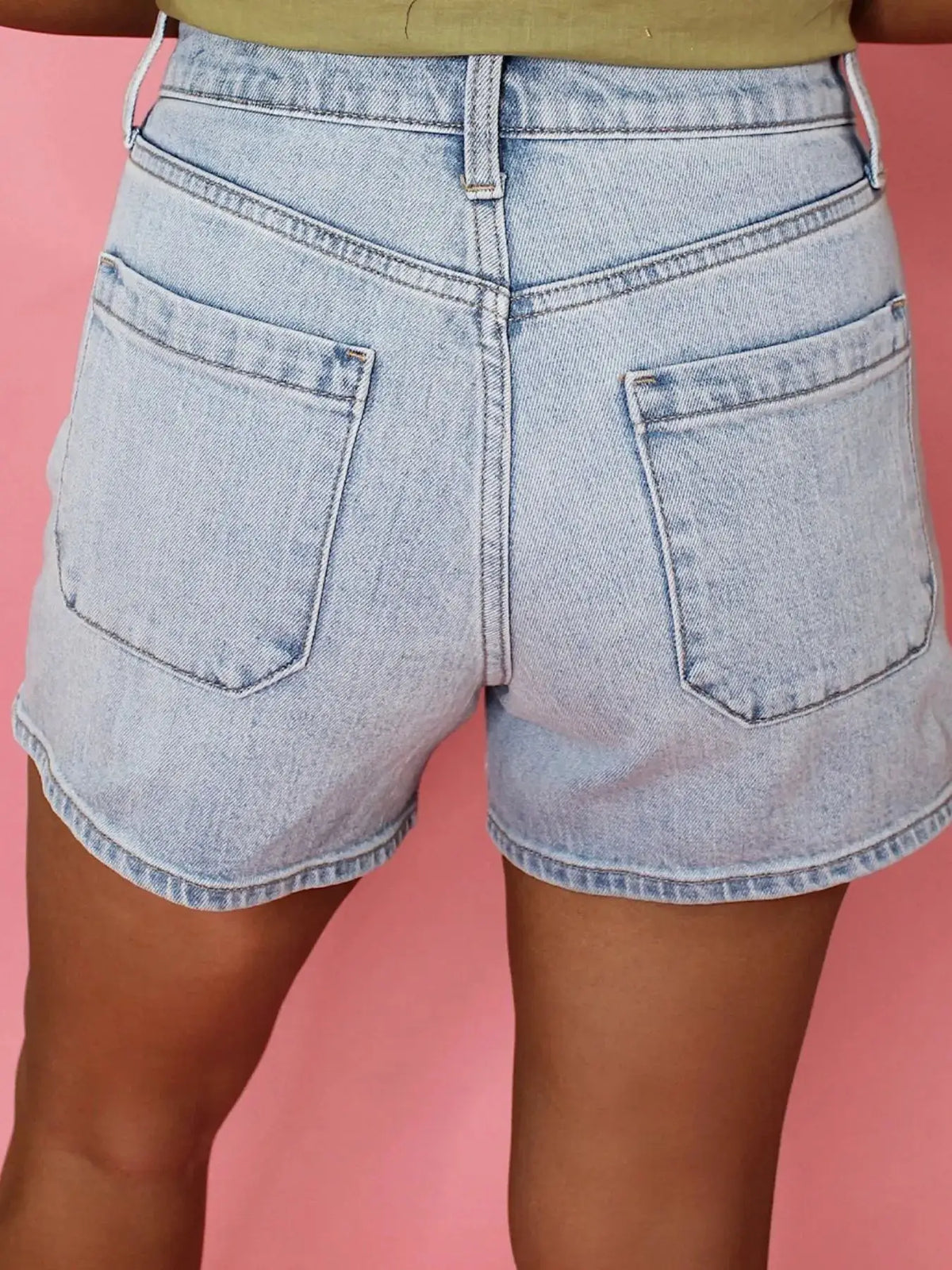 Wash High Rise Denim Shorts, light blue denim, Trendsi brand, back view