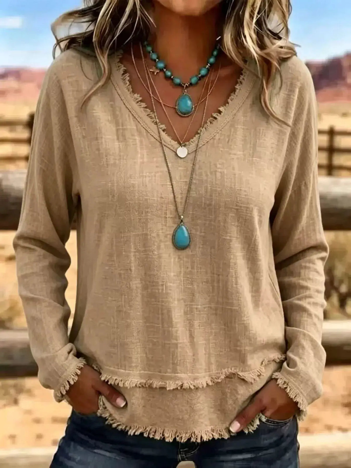 V-Neck Frayed-Hem Long Sleeve T-Shirt in beige color