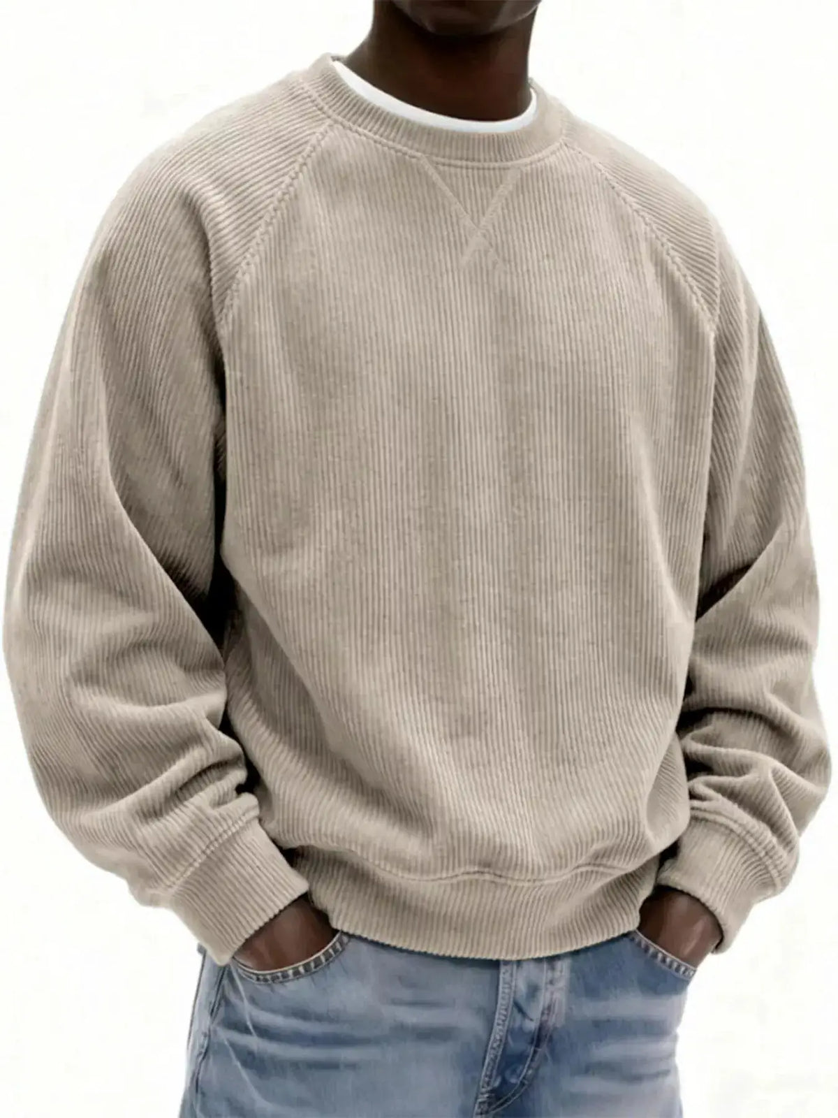 Mens plus-size corduroy crew neck sweatshirt in beige by Trendsi