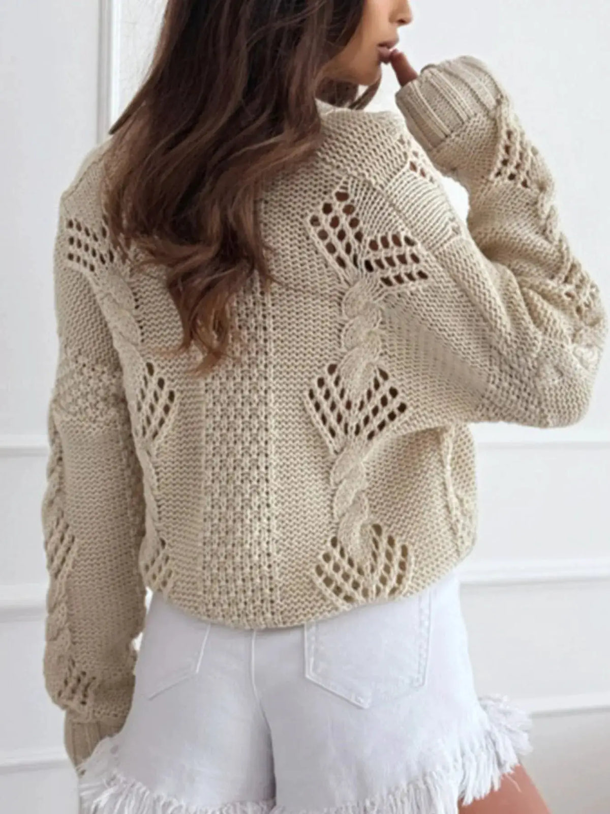 Button Up V-Neck Openwork Knit Cardigan in beige polyester fabric