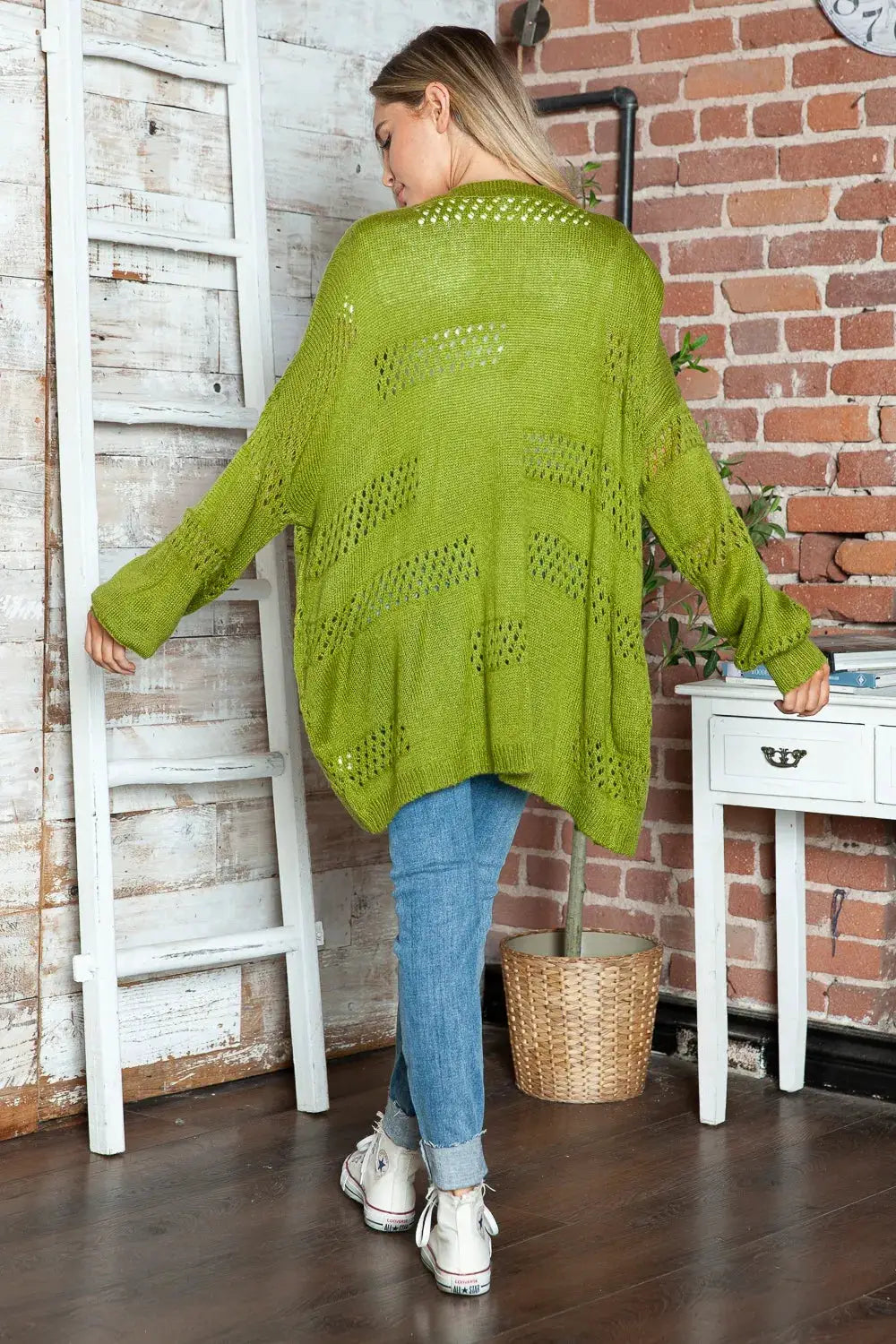 Openwork open-front cardigan in lime green acrylic, long sleeves, stretchy knit by Trendsi