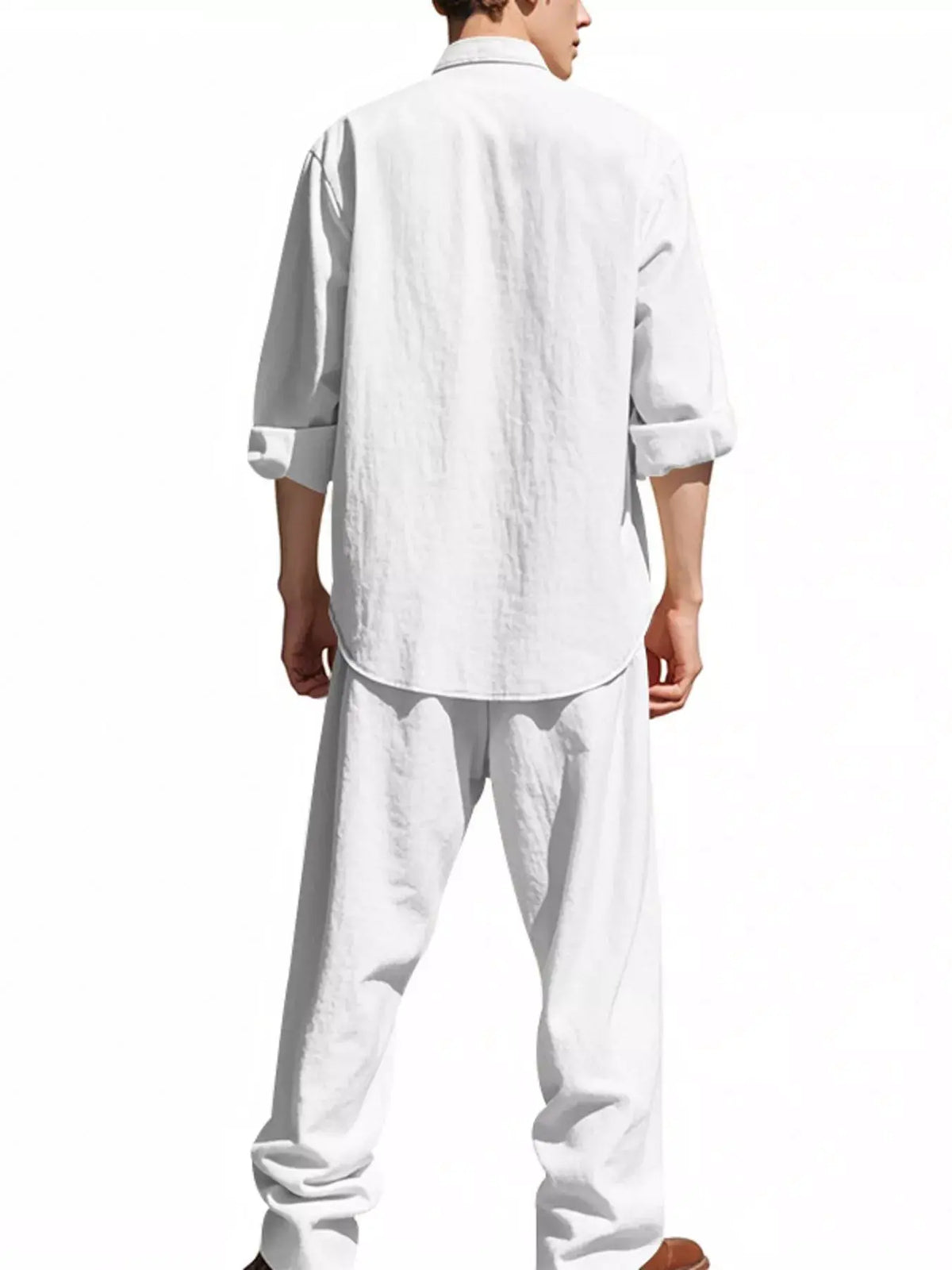 Men's casual linen-blend button-front shirt and pants set in white, back view
