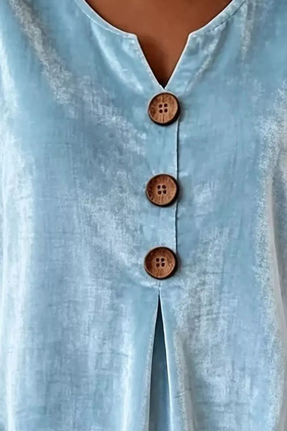 Full Size Velvet Button Decor Blouse by Trendsi in light blue with brown wooden buttons