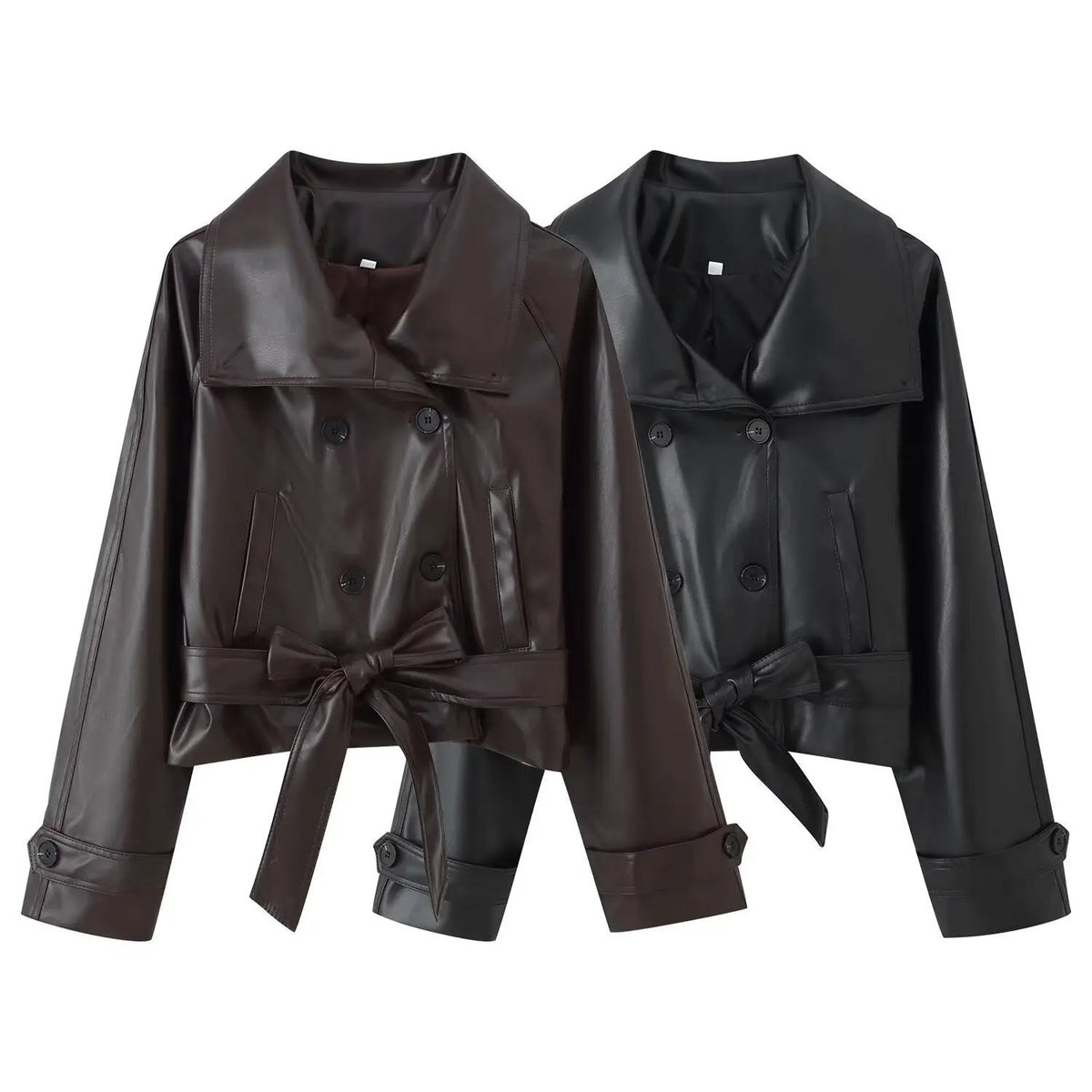 Two AdTec Trendy Wild leather coats in brown and black, double-breasted with belted waists